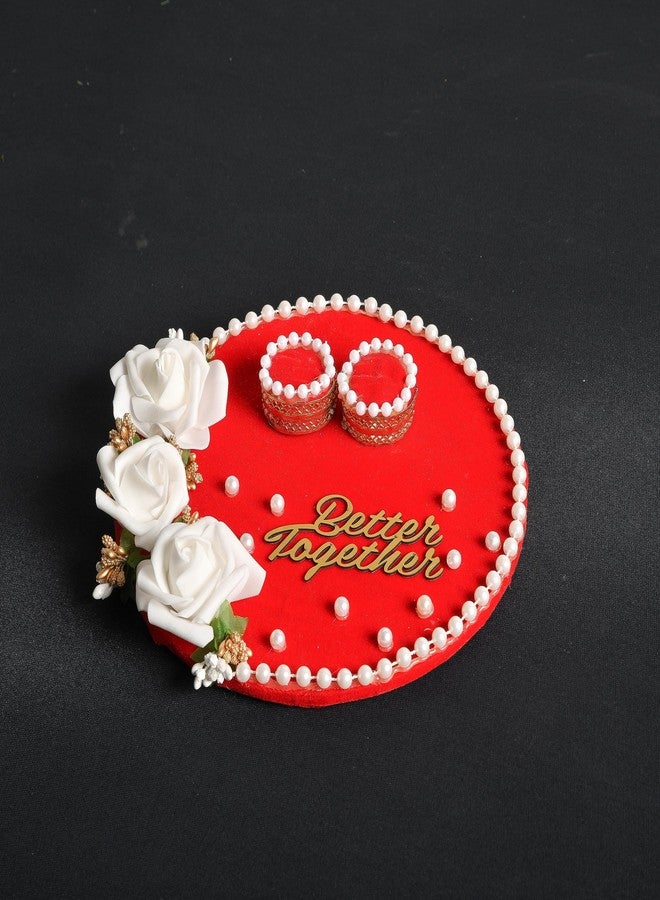 Mridang Engagement Wedding Ring Platter Better Together Thali | Wedding Ring Platter | Marriage Décor | Engagement Tray (Red,White) velvet - Image 5